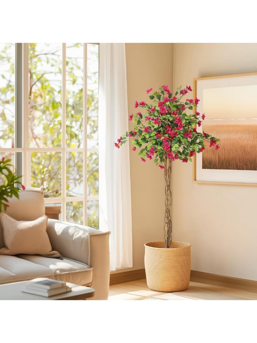 5ft Faux Bougainvillea Tree - Tall Potted Artificial Plant with Pink Flowers for